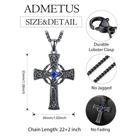 ADMETUS Black Celtic Cross Pendant Sterling Silver September Birthstone Necklace Black Celtic Cross Chain with Birthstone Cross Jewellery Gifts for Men, Sterling Silver, Cubic Zirconia
