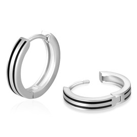 KRKC&CO Silver Hoop Earrings for Men, S925 Sterling Silver Men’s Earrings 15mm Chunky, White Gold Plated Black Tone, Hypoallergenic Simple Earrings for Man Unisex(Double Line-Silver)