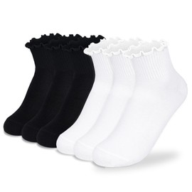 BIVOLU Womens Ankle Socks Ruffle Cotton Cute Frilly Trim Breathable Ankle Ruffled Socks 6 Pack (US, Numeric, 5, 9, Regular, Regular, 3white3black)