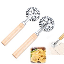 2Pcs Pastry Wheel Cutter,Ladiz Pasta Cutter Wheel with Long Wooden Handle,Zinc Alloy Dough Ravioli Cutter Wheel with Roller,Pizza Cutter Wheel Dumpling Lace Making for Home and Kitchen