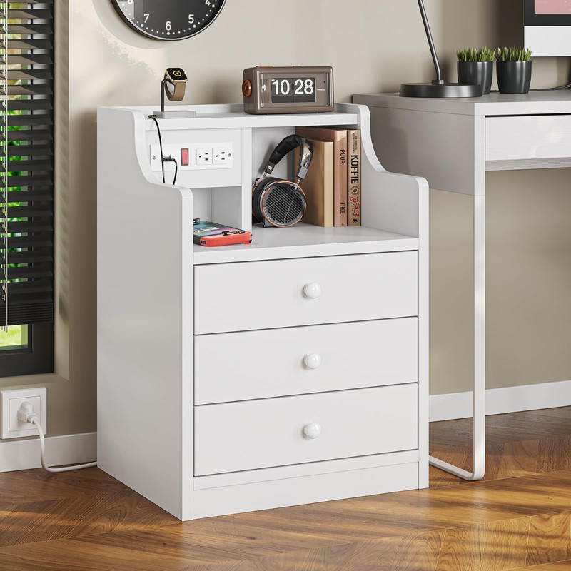 ADORNEVE Nightstand with Charging Station,White Night Stand with Hutch,Bedside Table