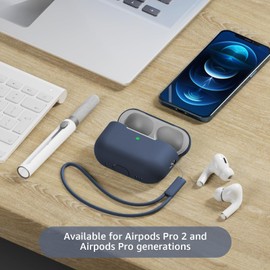 Tandoler Compatible with Airpods Pro 2 Case, Soft Silicone Skin Cover Protective Cases with Cleaner kit and Lanyard Compatible for AirPod Pro 2nd Generation, Front LED Visible-Midnight Blue