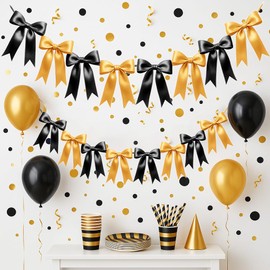 1 cadena de 8 guirnaldas de lazo negro y dorado, adornos de cinta de satén preencordados para cumpleaños, despedida de soltera, despedida de soltera, boda, compromiso, baby shower, decoración de