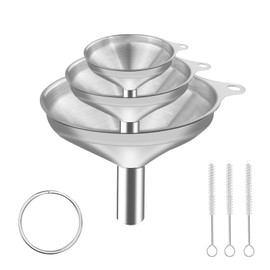 Nutabevr 3 Piece Stainless Steel Funnel Set, Stackable Small Funnel with Handle, Kitchen Strainer Funnel with 3 Cleaning Brushes with Handle, Suitable for Transferring Liquids and Powders