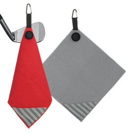PATIKIL 12"x12" Magnetic Golf Towel with Wire Cleaning Cloth, 2 Pack Microfiber Waffle Pattern Towels with Magnet and Clip for Golf Carts Clubs Golfing Gear, Grey/Red