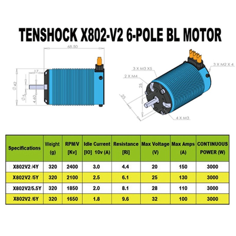 Tenshock 1/8 Buggy 6 Pole Sensorless RC Brushless Motor TS-X802-1650KV