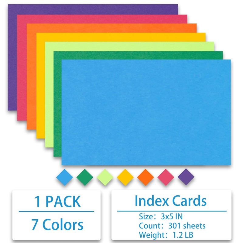 Index Cards 301-Count 3x5 Inch,178GSM Heavyweight Set of 7 Colors