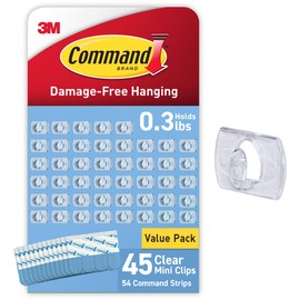 Command Indoor Mini Light Clips, Damage Free Hanging Christmas Light Clips, Mini Wall Clips for Hanging Indoor Christmas Decorations, Lights and Cables, 45 Clear Clips and 54 Command Strips