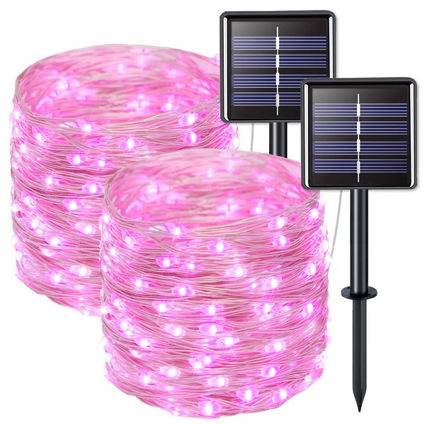 JMEXSUSS 2 Pack Pink Solar Fairy Lights, 33ft 100 LED Solar String Lights Outdoor Waterproof, 8 Modes Copper Wire Pink Solar Twinkle Lights for Garden Christmas Party Girl Decorations