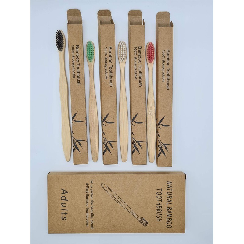 Bamboo Toothbrushes Solft Bristles, Pack of 4 Family Eco-Friendly Wooden