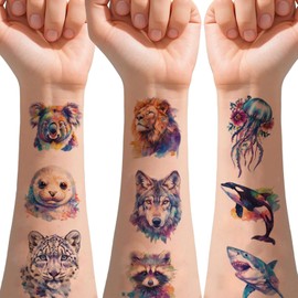 Tazimi 125 PCS Watercolor Animals Temporary Tattoo For kids-Waterproof Colorful Cute Animals Fake Tattoo Stickers for Girls Boy Body Arm Shoulder Birthday Party Decoration Supplies Gifts For Kids