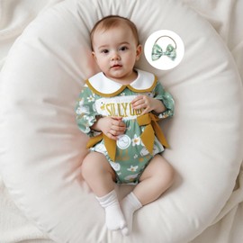 Baby Girl Silly Goose Romper Long Sleeve Doll Collar Smocked Bow Bubble Bodysuit Headband First Birthday Outfit Clothes 0-18M (Green, 12-18 Months)