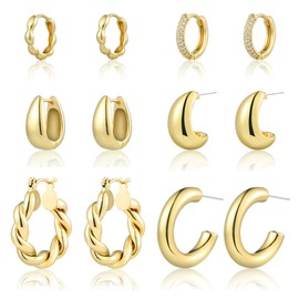 ALLHOLA Gold Hoop Earrings for Women, 6 Pairs 14k Gold Plated Huggie Hoops Earrings Set for Women Hypoallergenic, Lightweight Chunky Gold Twisted Hoop Earrings for Women Trendy Jewelry Gifts. (B-gold earrings)