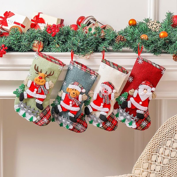 HERBYD Christmas Stocking Set of 4 30cm Large Xmas Stockings 3D Personalised Christmas Stockings Candy Pouch Ornaments Christmas Tree Decoration for Kids Adult, Santa Elk Stockings