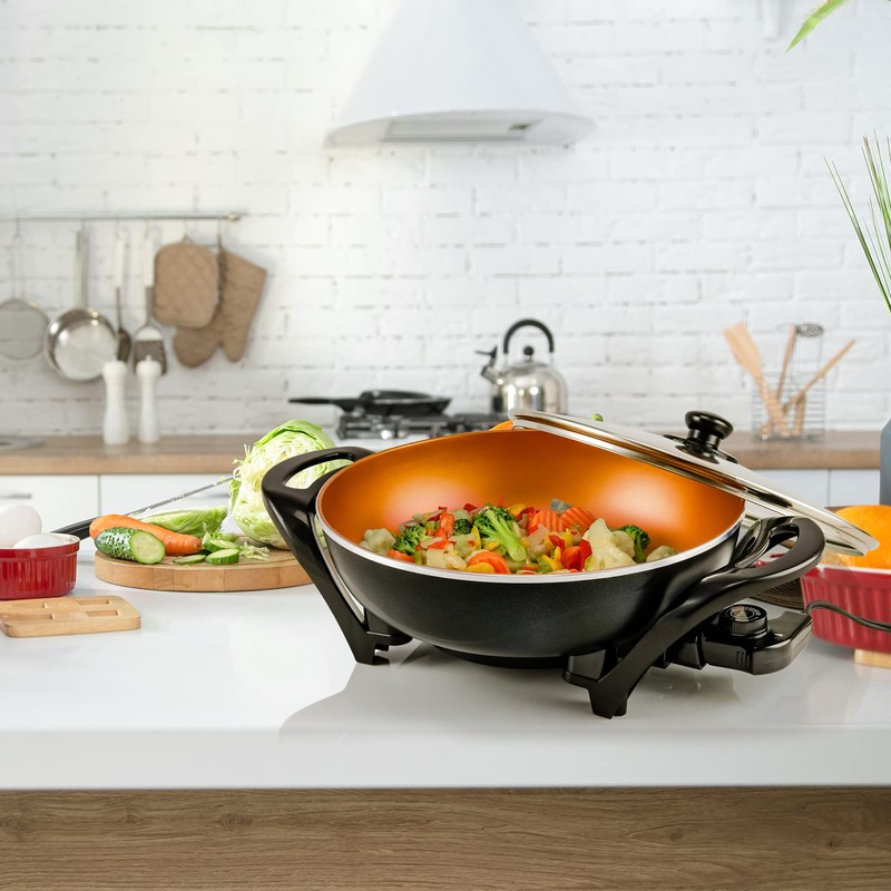 OVENTE Electric Wok with Nonstick Coating, 13 Inch Family-Sized Skillet,