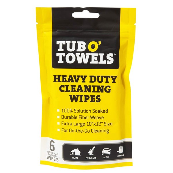 Tub O' Towels Heavy Duty Cleaning Wipes, Individually Wrapped Multi Surface Wipes 6 Count (Pack of 1)