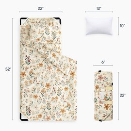 Wake In Cloud - Cot Nap Mat with Pillow and Blanket, for Toddler Kids Boys Girls in Daycare Kindergarten Preschool Pre K with Elastic Corner Straps, Floral Botanical Flowers, Orange Cream