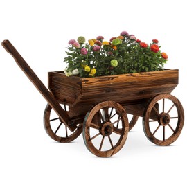 La Vane Wood Wagon Movable Planter Box, Wooden Rustic Garden Flower Pot Stand DIY Rolling Cart Wheelbarrow Raised Bed with Wheels & Drainage Hole for Indoor Outdoor Décor Patio Balcony Backyard