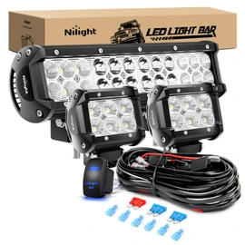 Nilight 12 Inch 72W Led Light Bar Spot Flood Combo 2PCS 4 Inch 18W Led Pods Boat Lights Driving Fog Lights Work Light for Trucks Off Road w/Rocker Switch Wiring Harness- 3 Leads, 2 Years Warranty