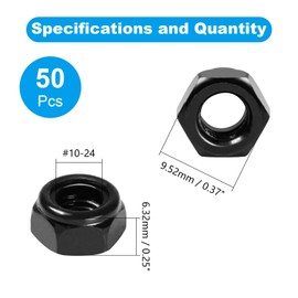 Yinpecly 50Pcs #10-24 Nylon Insert Hex Lock Nuts 304 Stainless Steel Locknuts Self-Locking Nut, Standard Inch Threaded Nylock Nuts, Hex Drive, Zinc Plated Black