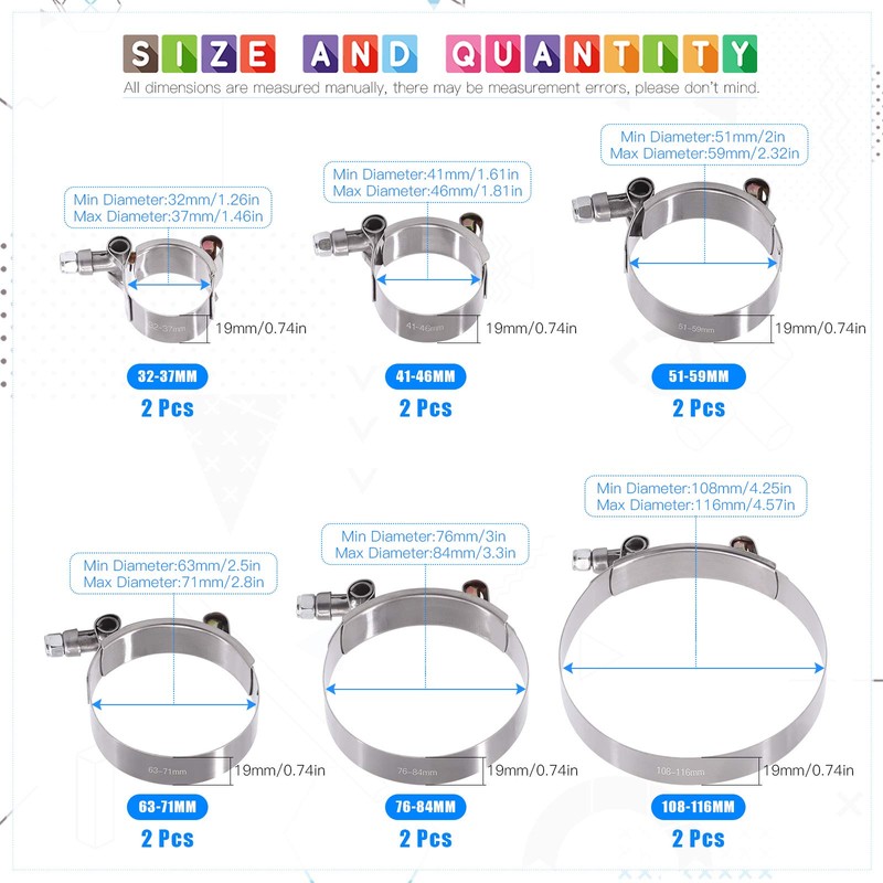 Glarks 12Pcs 6 Sizes 32-116mm Stainless Steel T-Bolt Hose Clamps