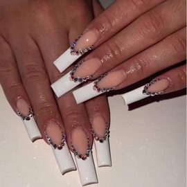 Magrace Press on Nails Long Square Fake Nails White French False Nails with Designs Rhinestone 24 pcs Stick on Nails for Women (A-2)