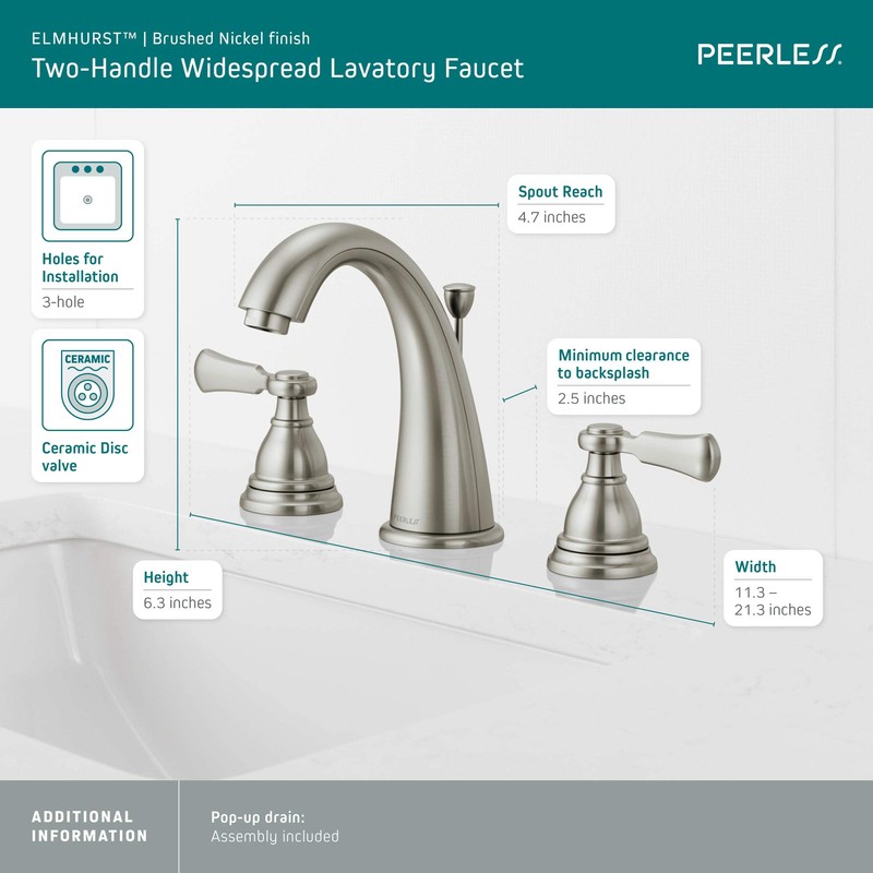 Peerless P3565LF-BN Elmhurst Two-Handle Bath Faucet Widespread, Brushed Nickel