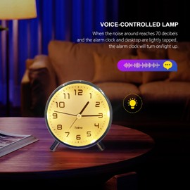 Alarm Clock for Bedroom,Analog Clock with Silent Non-Ticking,Voice Controlled Light,Small Clock for Kids, Teens,Seniors,Decor,Bathroom,Living Room,Bedside,Desk,Kitchen,Travel. (Chrome Plating)