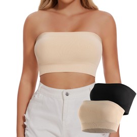 Joyshaper Women's Seamless Bandeau Bra, Strapless Without Underwire, Bra Tube Top, Push Up, Off Shoulder Crop Top, Black and beige