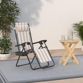 Best Choice Products Set of 2 Adjustable Steel Mesh Zero Gravity Lounge Chair Recliners w/Pillows and Cup Holder Trays - Tan Striped