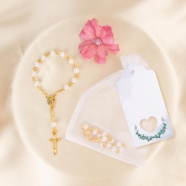 Foshird 15 Stück Rosenkranz Katholisch mit Kreuz Anhänger Geschenkanhänger Organzabeutel Glücksbringer Armband Gastgeschenke für Taufe Kommunion Konfirmation Hochzeit Auto Party (Gold)