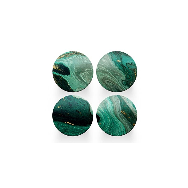 4 x Round Art Deco Coasters - Agate Green Abstract