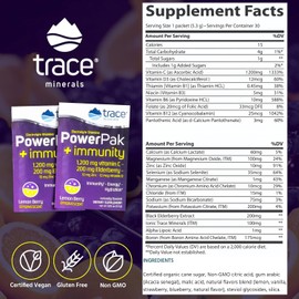 Trace Minerals | Power Pak Electrolyte + Immunity Boost Drink Packets | 1200 mg Vitamin C, Elderberry, Zinc, D3, B6, B12 | Immunity, Hydration, & Energy Support | Fizzy Lemon Berry | 60 Packets