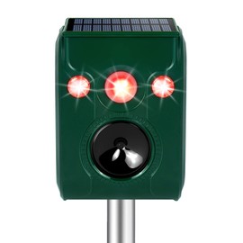 Solar Animal Repeller. Ultrasonic Animal Repellent. with Flashing LED Light and Alarm to expel Cats, Dogs, Squirrels, Deer, Raccoons, Skunks, Rabbits, Foxes, etc