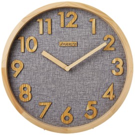 12 inches Silent Non-Ticking Quartz Wall Clock Kitchen Clock,3D Wood Numbers Display,Wood Frame and Linen Face Clock for Home Office Classroom School (Natural Wood+Gray Linen)