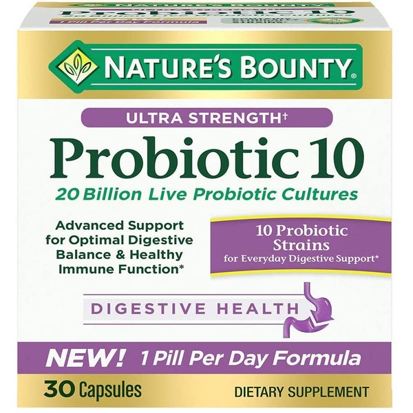 Nature's Bounty Ultra Strength Probiotic 10, Support for Digestive, Immune and Upper Respiratory Health, 30 Capsules