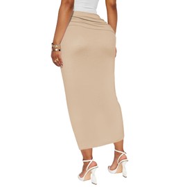 SEBOWEL Women Casual High Waisted Ruched Maxi Long Skirts Asymmetrical Pencil Bodycon Going Out Club Party Skirt with Tie, Khaki, M