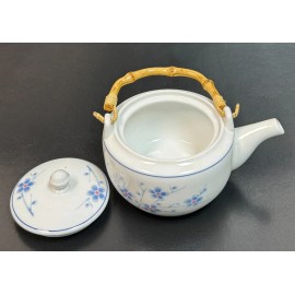 Cheng's White Jade Porcelain Tea Pot  White Cherry Blossom with Bamboo Handle