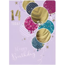 Noel Tatt Girls 14th Birthday Card - Age 14 - Patterned Balloons and Stars - Recyclable & Eco-Friendly