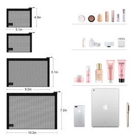 EASYFUN Mesh Pouch, Make up Bag with Zipper Cosmetic Organizer Pouch for Daily or Travel to Keep Small Items, 4 PCS Black