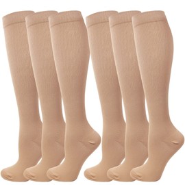 6 Pairs of Compression Stockings, Knee Socks, Support Stockings, Running Socks for Men and Women, Sports, Running, Flight, Travel, Pregnancy, Medical Compression Socks (L, Brown)