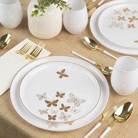 EcoQuality 8.6" inch Round White Plastic Plates with Gold Butterfly Design - Disposable China Like Party Plates, Heavy Duty Dinner Charger Plates, Salad Plate, Dessert, Weddings, Serveware (30 PACK)