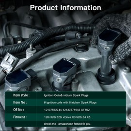 SCITOO 6 ignition coils with 6 iridium Spark Plugs 128i 135i 335i 325i 328i 330i E60 M5 525xi 528i N54 X3 X5 X6 Z4 2003-2016 12137562744 12137571643 UF592