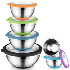 Onader Colorful Mixing Bowl Set of 6 for Kitchen Large Stainless Steel Metal Nesting Mixing Bowls with Airtight Lids Non Slip - Size 1, 1.5, 2, 2.6, 3.5, 7QT
