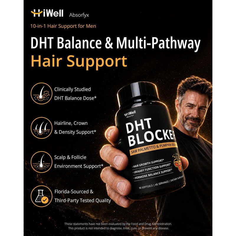HiWell Absorfyx DHT Blocker for Men, 10-in-1 Hair Growth Supplement