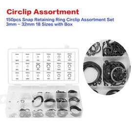 150Pcs Black C Clip Snap Ring 3mm-32mm Industrial Fastener Internal & External Locking Snap Retaining Ring Circle Clip with Box 18 Size