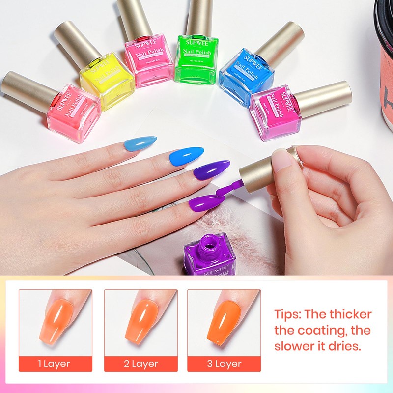 SUPWEE Bright Neon Nail Polish Set, Summer Rainbow Quick Dry