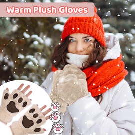 AffeGifts Cat Paw Gloves, Cosplay, Plush Therian Gloves, Cute Half Finger Cat Gloves, Fingerless Gloves, Women's Winter Gloves for Women and Teenage Girls, beige