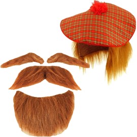 Edozos Men’s Scottish Tartan Tam-O-Shanter Hat with Ginger Hair Wig, Eyebrows, Beard & Moustache Set Fancy Dress Costume for Stag Nights, Theme Parties, Carnivals, Adult Highland Dress Accessories