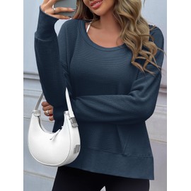 Fisoew Womens Casual Crewneck Sweatshirt Waffle Knit Long Sleeve Side Slit Loose Fit Fall Shirts Tops Navy